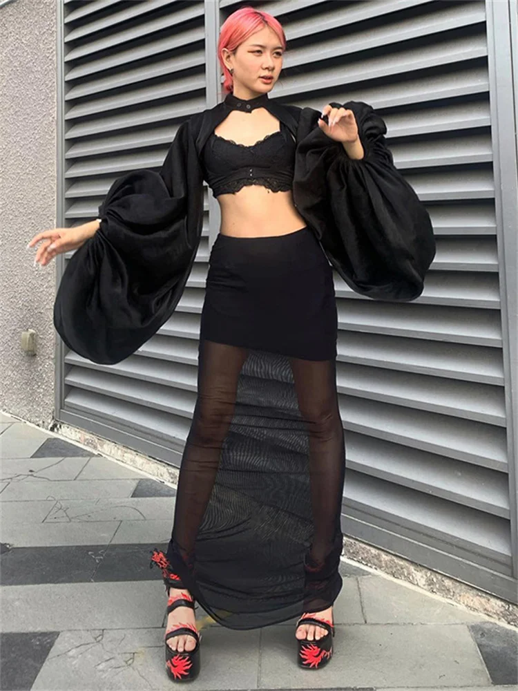 

Habbris Autumn Sexy Mesh Patchwork Black Skirt For Women 2022 High Waist See Through Long Skirt Female Solid Party Club Outift