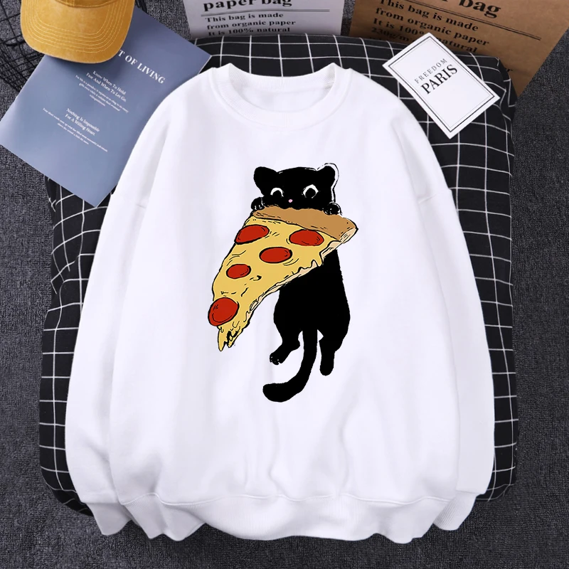 

Cat Eating Pizza Print Hoodie Women Crewneck Cartoons Sportswears Casual Fleece Clothes Pullover Top Harajuku Womens Hoody New