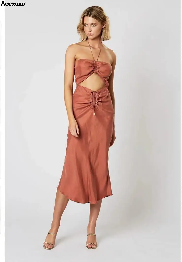 

2023 summer new women's fashion casual sexy ceiling hanging neck low cut slim waist bare back dress