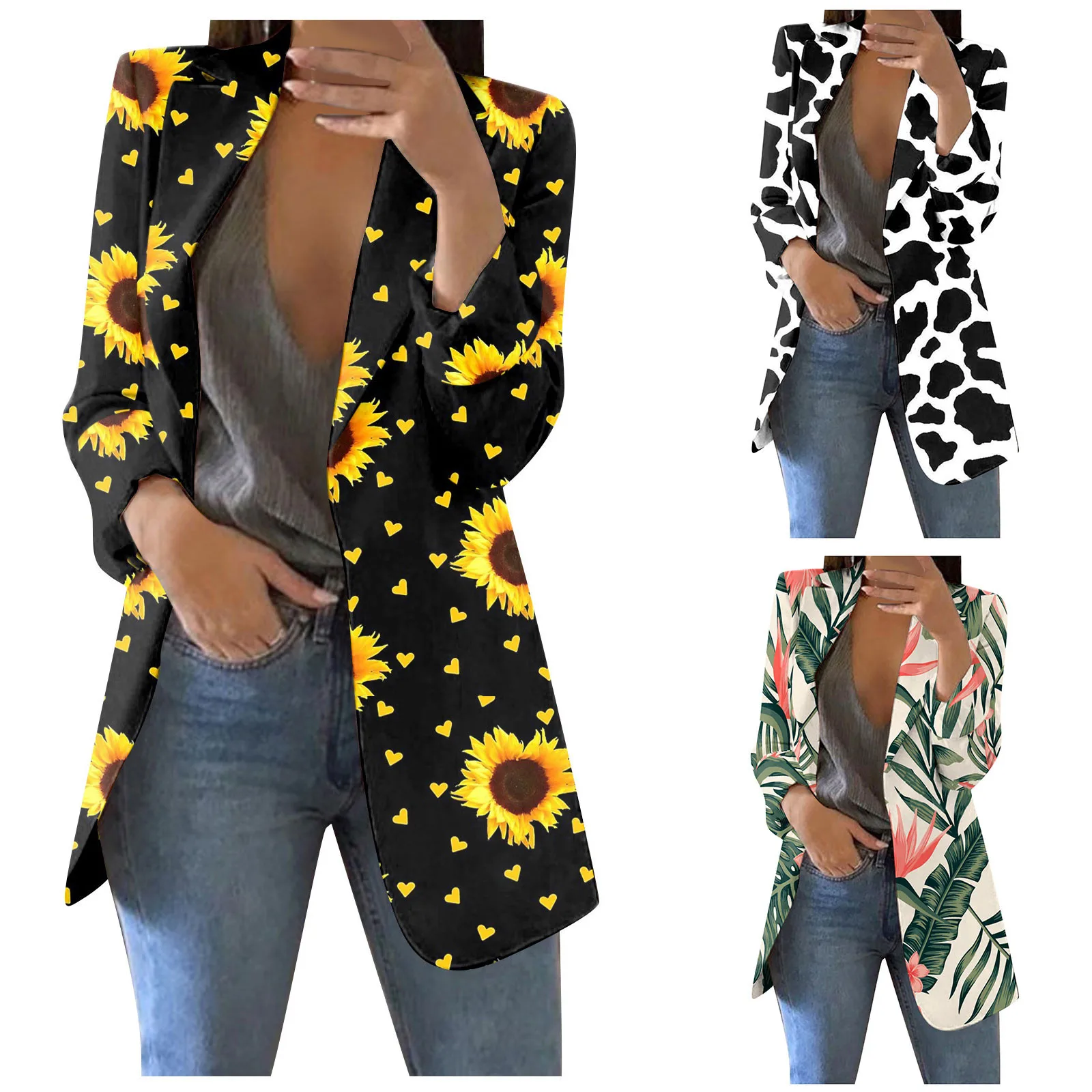

Women's Button&Pocket Printed Cardigan Formal Suit Long Sleeve Lapels Business Office Jacket Coat Blouse Long Dress Coats Women
