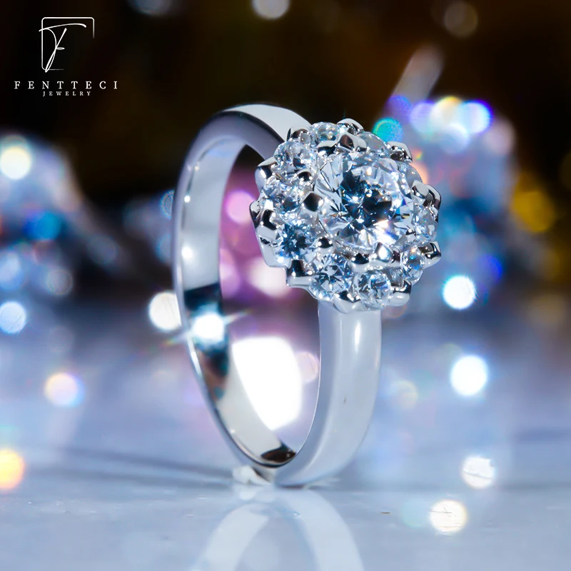 FENTTECI S925 Silver 18k Gold Plated Moissanite Ring Flower Luxury Engagement Ring For Women Wedding Proposal Ring Fine Jewelry