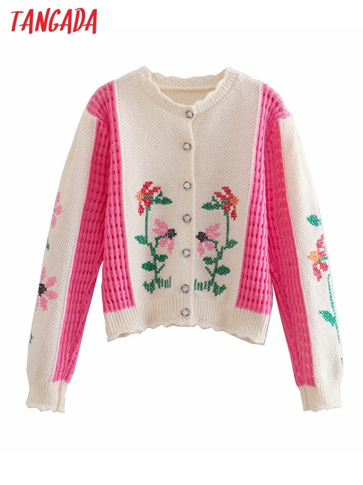 

Tangada 2022 Autumn Winter Women Flower Hollow Crop Knitted Cardigan Sweater Jumper Button-up Female Tops 1F77