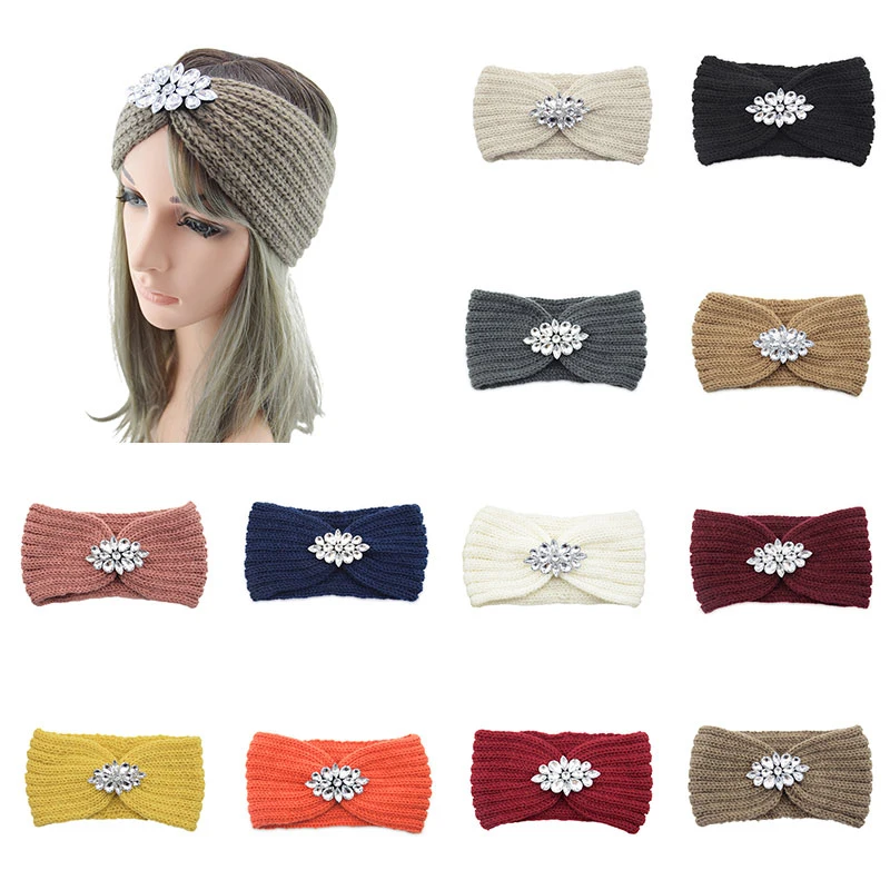 Woman Headband For Hair Elastic Ear Warmer Twist Crochet Hair Bands Headwrap Clear Crystal Flower Rhinestone Knitted Solid Color