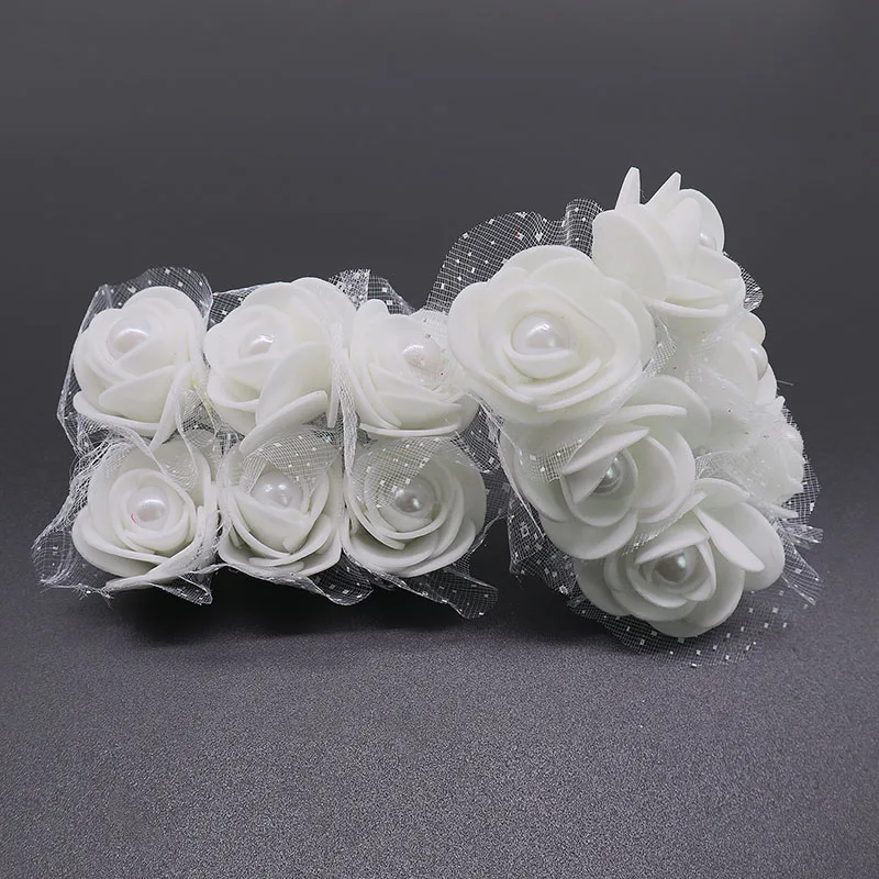 

72pcs 3cm Artificial Mini Foam Roses Flowers with Lace Pearl Bead for Wedding Decoration DIY Bride Wreath Scrapbooking Crafts