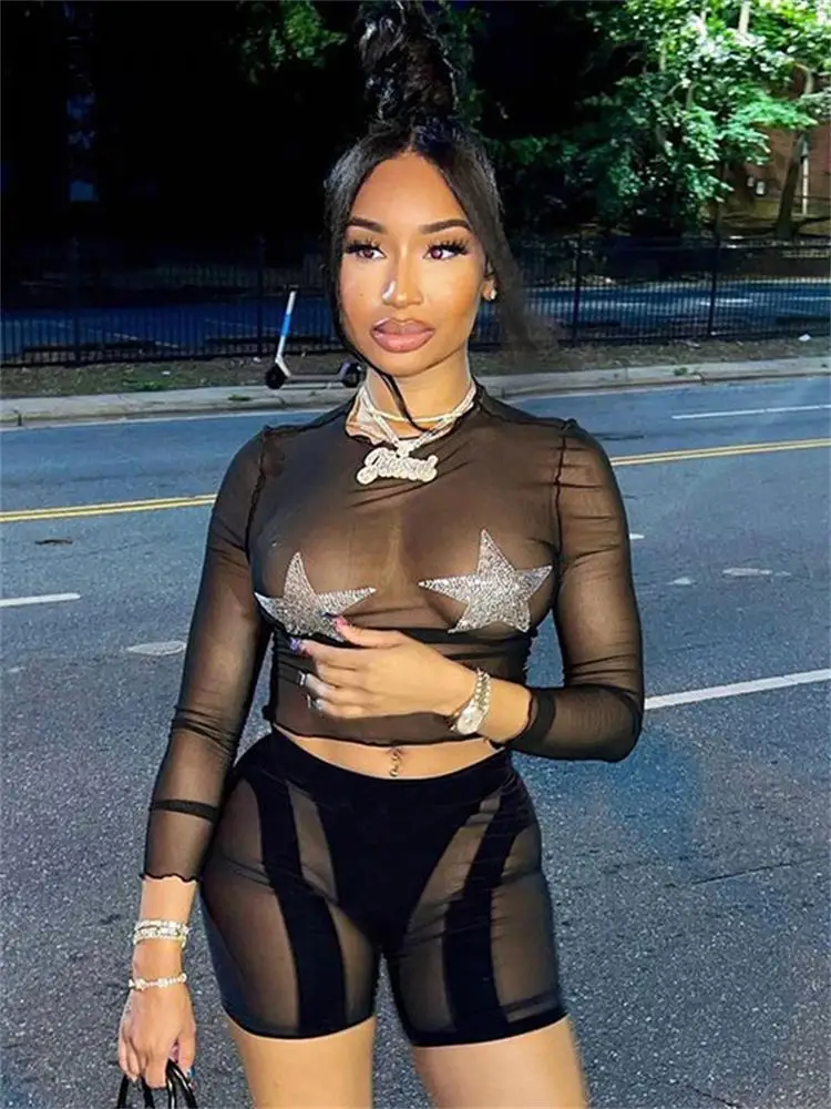 

Habbris Black Sexy Mesh See Through Crop Top Pant Set Party Evening For Women 2023 Summer Long Sleeve Diamonds StarTwo Piece Set