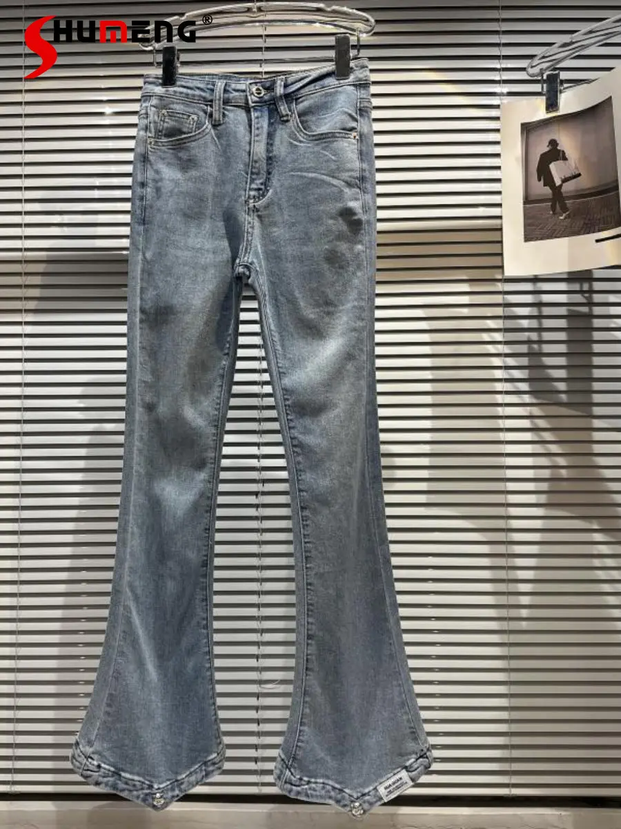 

2023 Spring New Metal Buckle Decorative Washed Skinny Slimming Flared Jeans Women High Waist Fashion Simple Denim Pants Street
