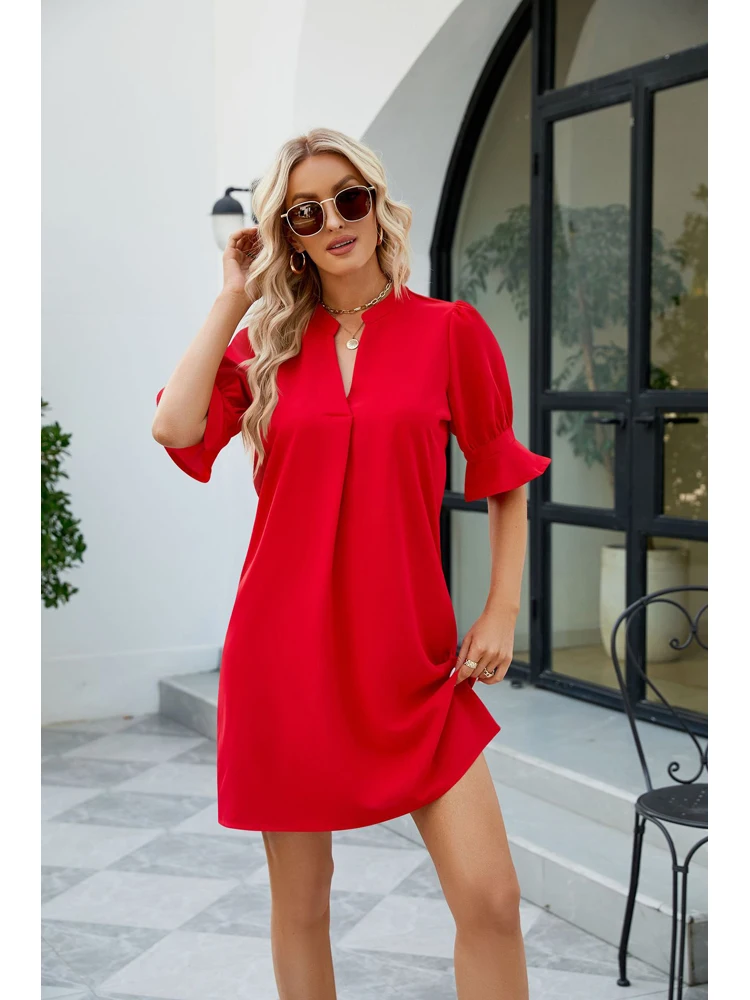 

Mini Dress V Neck Ruffle Half Sleeves Loose Above Knee Casual Women formal dresses Summer