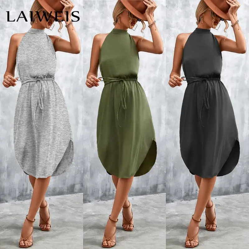 

Sexy Halter Off Shoulder Summer Dress Women Casual Solid Sleeveless Backless Elastic Waist Lace Up Irregular Split Midi Dresses