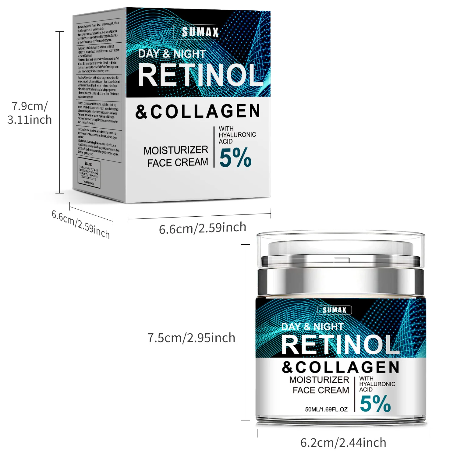 Sumax Retinol Face Cream 50ml Collagen Moisturizer with Hyaluronic Acid 5% Moisturizing Firming Whitening