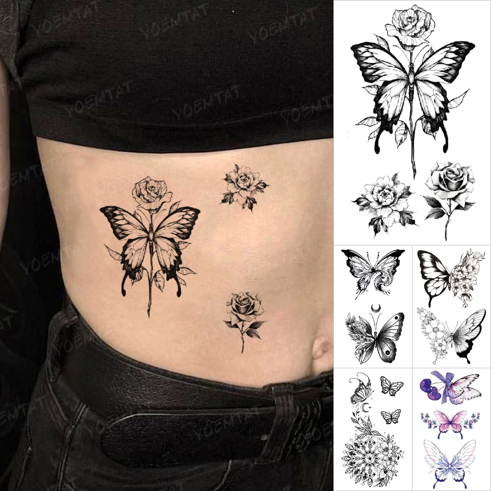 

Transfer Temporary Tattoo Stickers Butterfly Flower Realistic Sexy Flash Tatoo Women Men Arm Waist Line Body Art Fake Tatto Cool