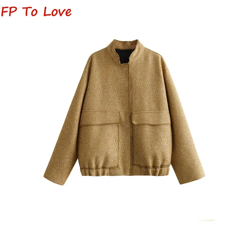 

Женское Свободное пальто с большими карманами PB & ZA, куртка цвета шампанского с воротником-стойкой, украшенная бисером, осень/зима 2023