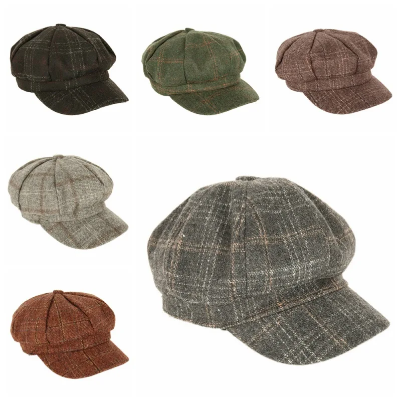 

Retro Elegant Art Octagonal Hat for Women Autumn Winter Casual Plaid Artist British Style Berets Woolen Women Hats