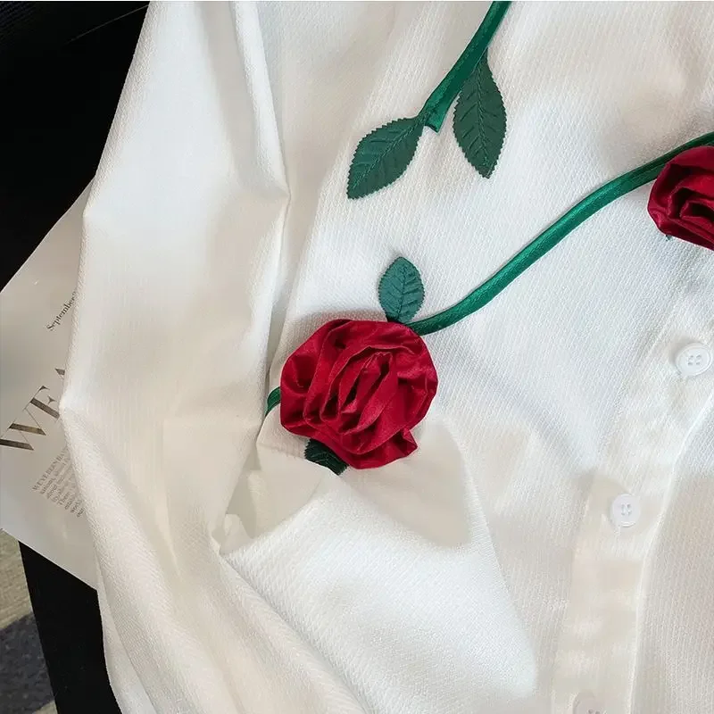 Рубашки женские шикарный дизайн с аппликациями винтажный корейский стиль для