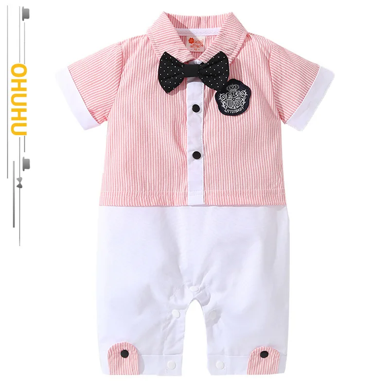 

2022 Summer New Baby Boy Gentleman Suit Formal Dress Striped Short Sleeves Newborn Jumpsuit 100-day-old Baby Lapel Romper 2085