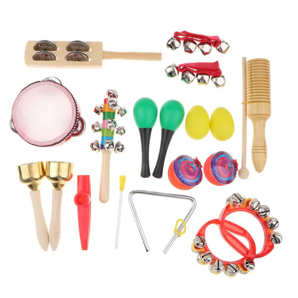 Musical Instruments 18 pcs 12 in 1 Music Rhythm Percussion Toy Set Educational for Kids Tambourine Claves Handbell Bag