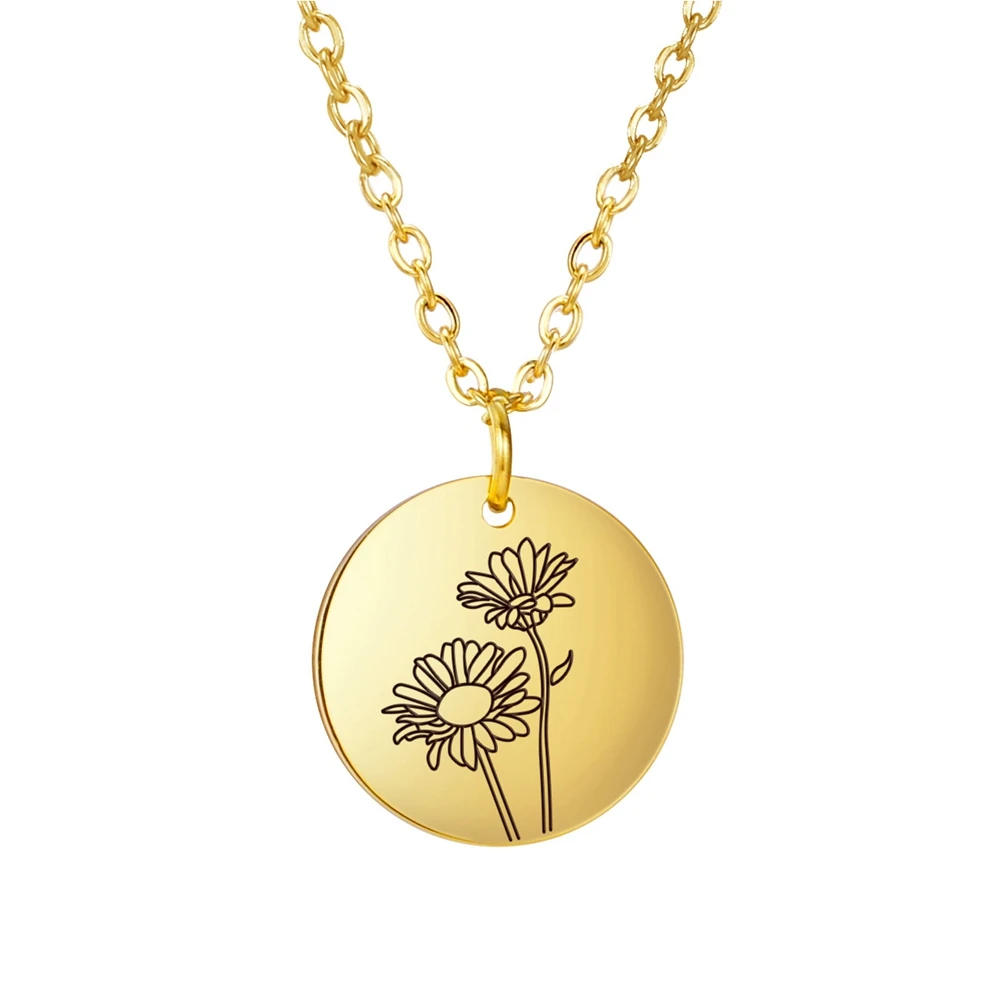 

3 Colors 15x15mm Disc Flower Pattern Pendant Stainless Steel Necklace With 45+5cm Link Chain