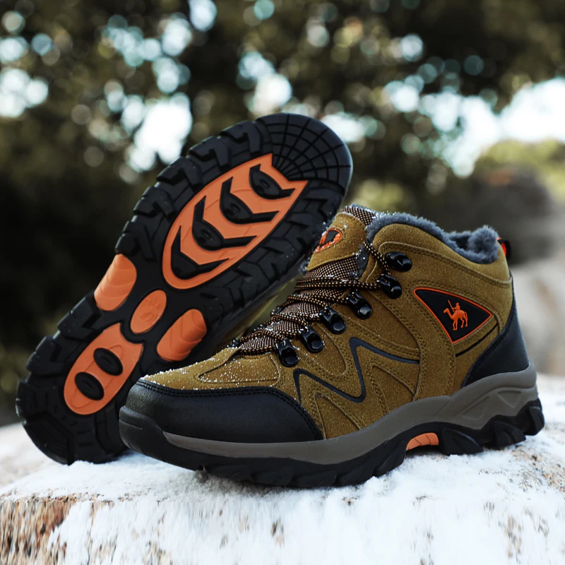 Suede Leather Hiking Boots With Fur Winter Sneakers Keep Warm Men Hiking Shoes Warterproof Sport Snow Shoes Outdoor Footwear