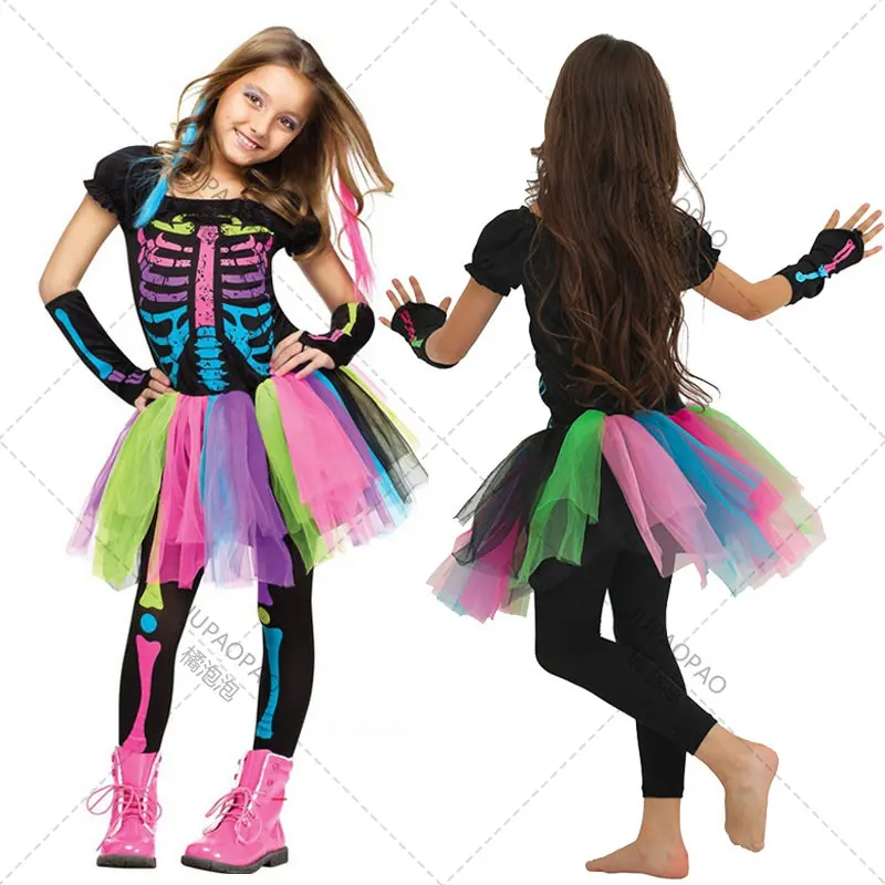 

Halloween Costume Rainbow Skeleton Girl Cosplay Costume Toddler Funky Punky Bone Dress Up Party for Kids Stage Performance Props