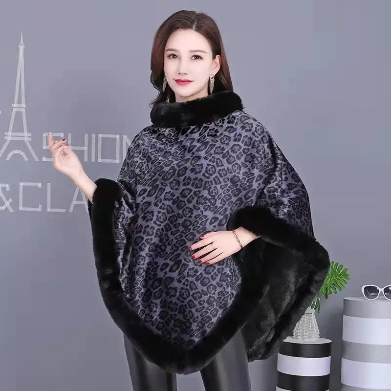 Модное леопардовое мягкое пончо из искусственного кроличьего меха пальто