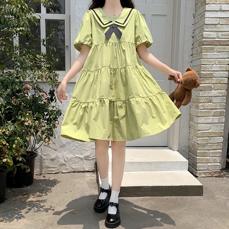 Однотонное платье Mori girl новинка летнее модное милое с коротким рукавом в стиле