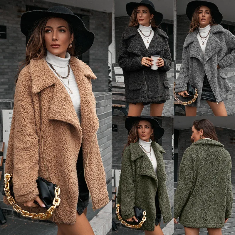 

Mandylandy Teddy Coat Women Fluffy Jacket Fur Lamb Plush Thick Casual Solid Color Winter Faux Fur Coat Fleece Lapel Overcoat