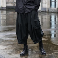 japanese streetwear black cargo pants men overalls cropped wide leg straight casual pants men clothing