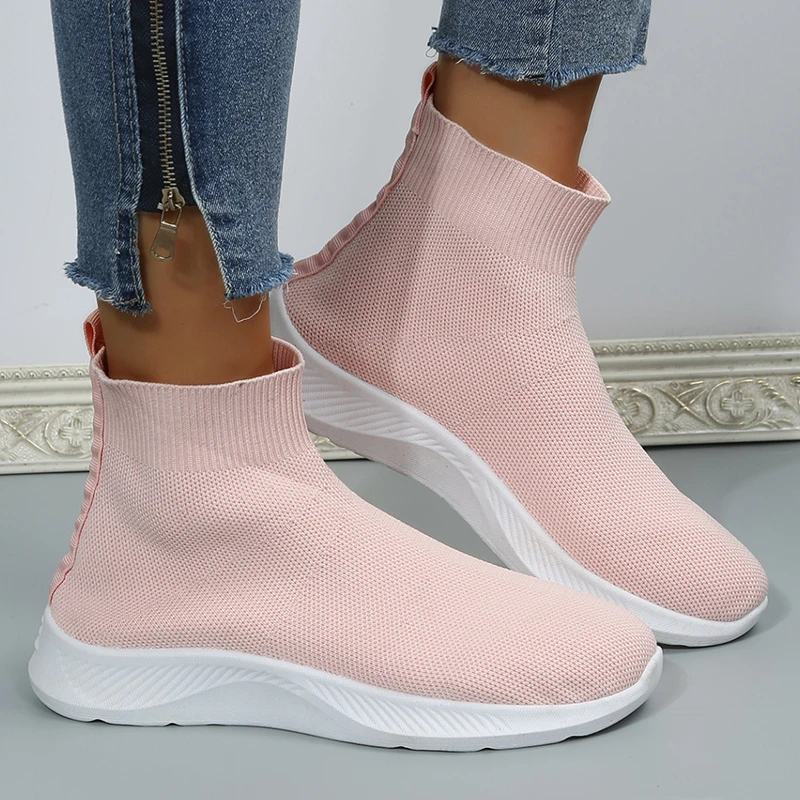 

2022High Top Breathable Knitted Flats Women 2022 Autumn Slip on Non-slip Casual Shoes Woman Plus Size 43 Thick Bottom Sock Shoes