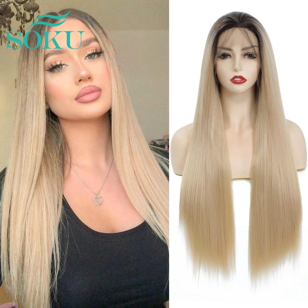 

3X13 Lace Front Synthetic Wig SOKU Free Part Wigs For Black Women Long Straight Hair 150% Density Transparent Lace Wig Cosplay