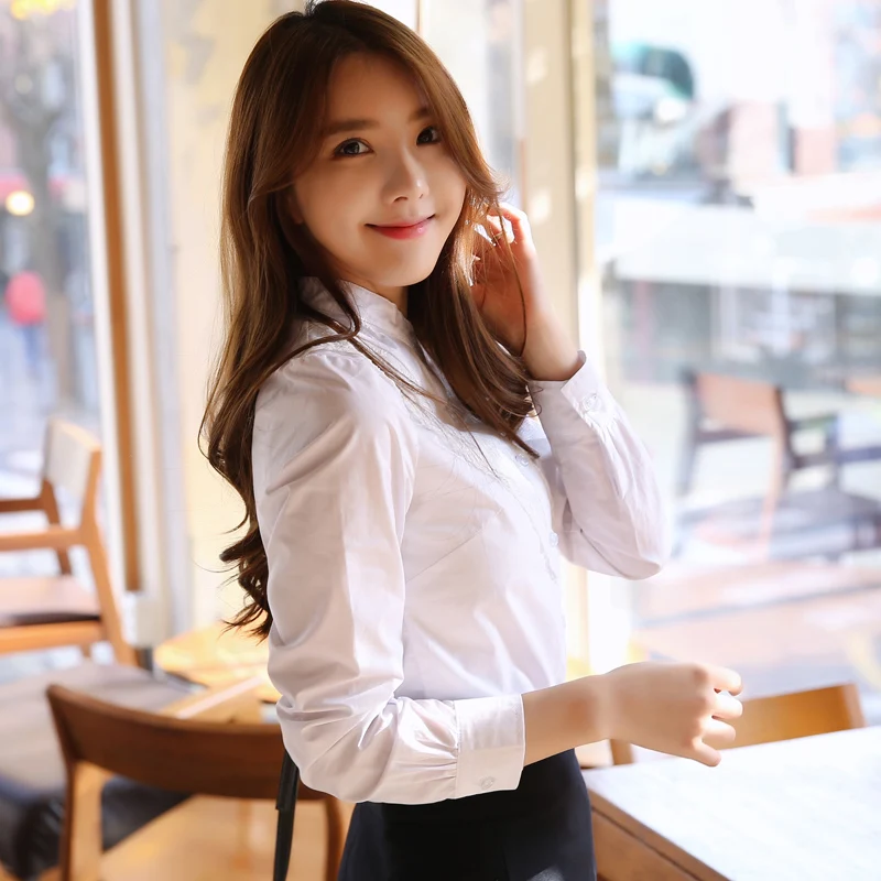 Korean Fashion Trend Stand Collar White Shirt Women'S Cotton Long Sleeve Professional 2023 New Spring Autumn Formal Top