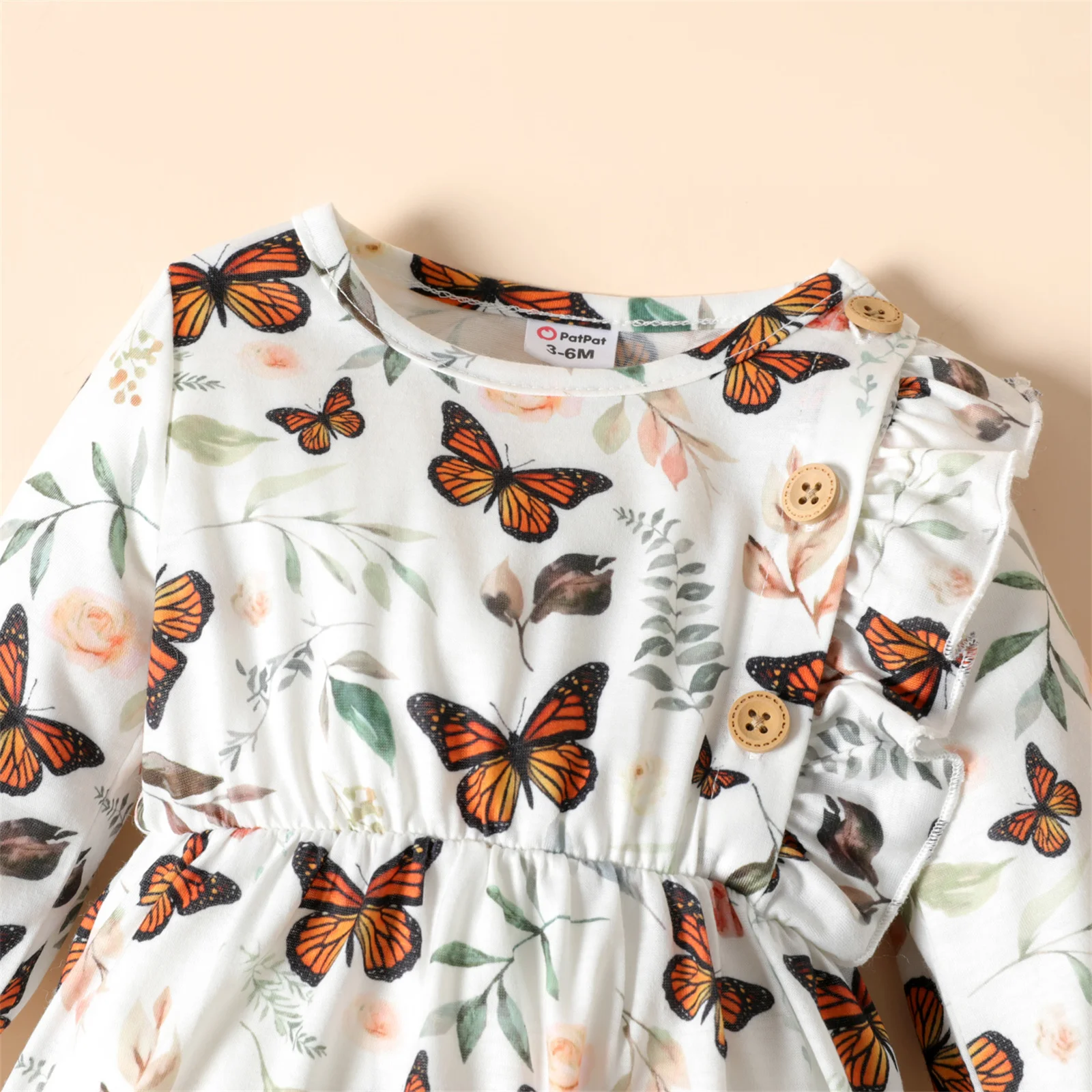 PatPat Baby Girl Long-sleeve Jumpsuit Baby Romper Spring and Summer Baby Girls Newborn Clothings Brown/White Butterfly Ruffle