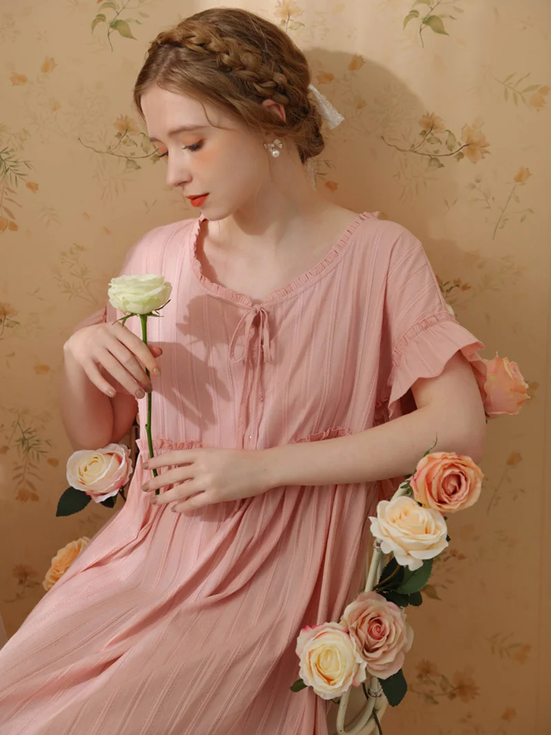 Women Victorian Pajama Night Dress Short Sleeve Summer Cotton Ruffles Lace-up Vintage Princess Nightgowns Sleepwear Home Clothes