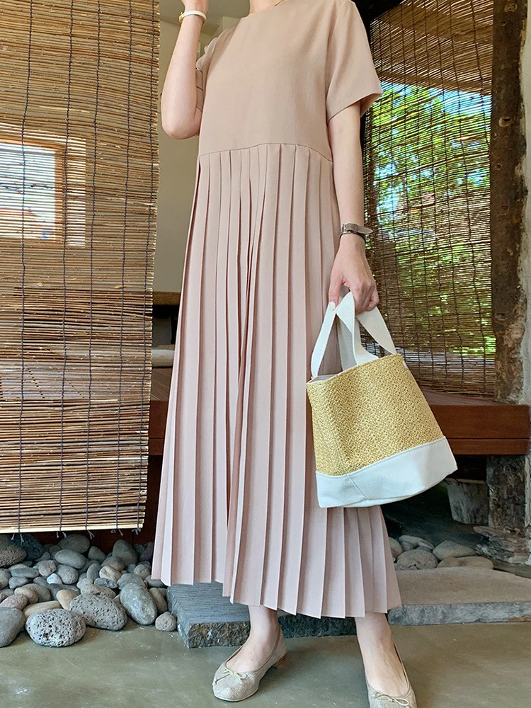 

Women Round Collar Short Sleeve Solid Loose Pleated Spliced Mid-calf Dress 2022 Spring New Fashion Gentle Female B564
