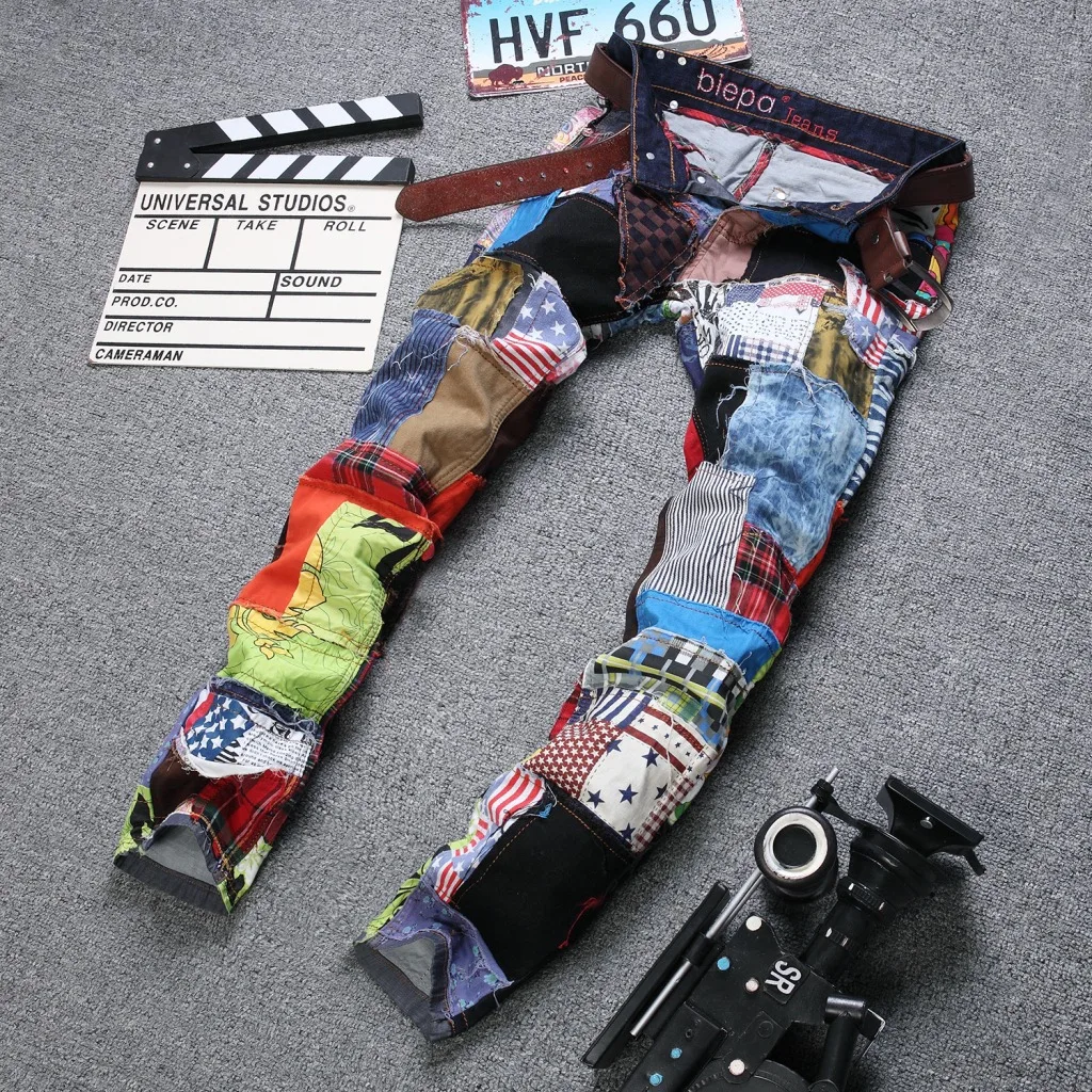 Patchwork Jeans Men's Beggar Pants Colorful Straight Denim Trousers Male's Designer Jeans for Men Hip Hop Jeans Streetwear