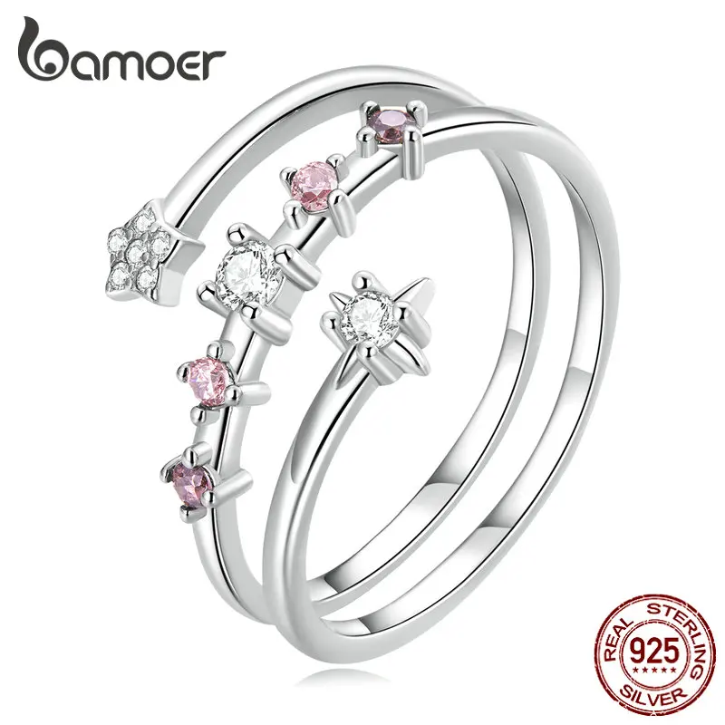 Bamoer 925 Sterling Silver Multi-layer Star Ring Clear and Red Zircon Ring for Women Fashion Birthday Gift Fine Jewelry BSR310