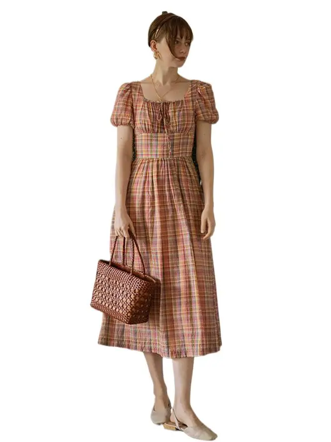 

Летнее хлопковое милое длинное платье в клетку для женщин, женское дышащее облегающее ожерелье с пышными рукавами и галстуком