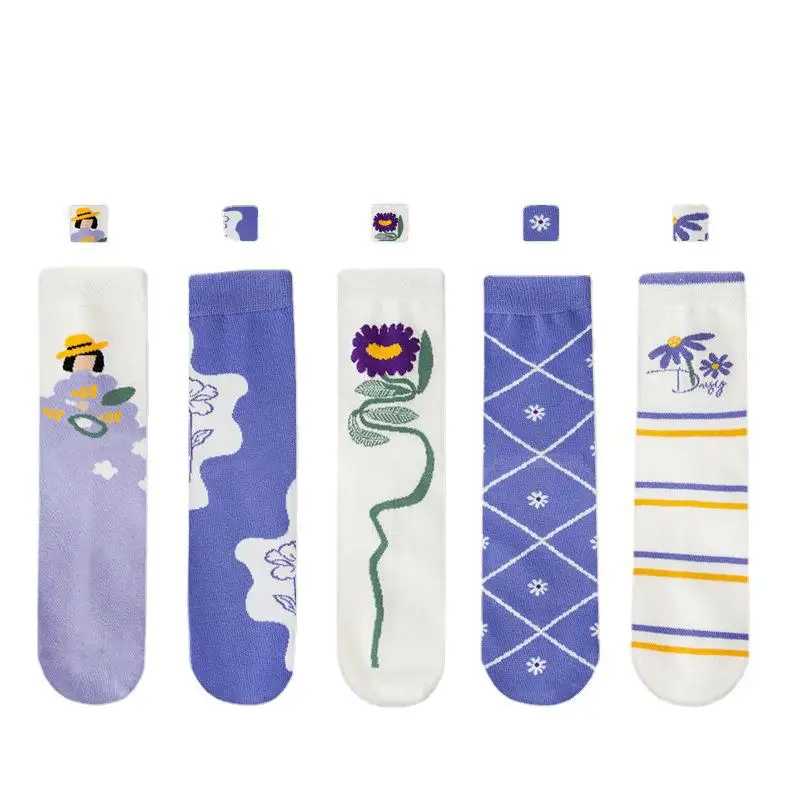 5pairs Cotton Women Socks Funny Cute Simple Spring Summer Sports Socks Solid Color Pattern Cartoon Interesting Medium Tube Socks