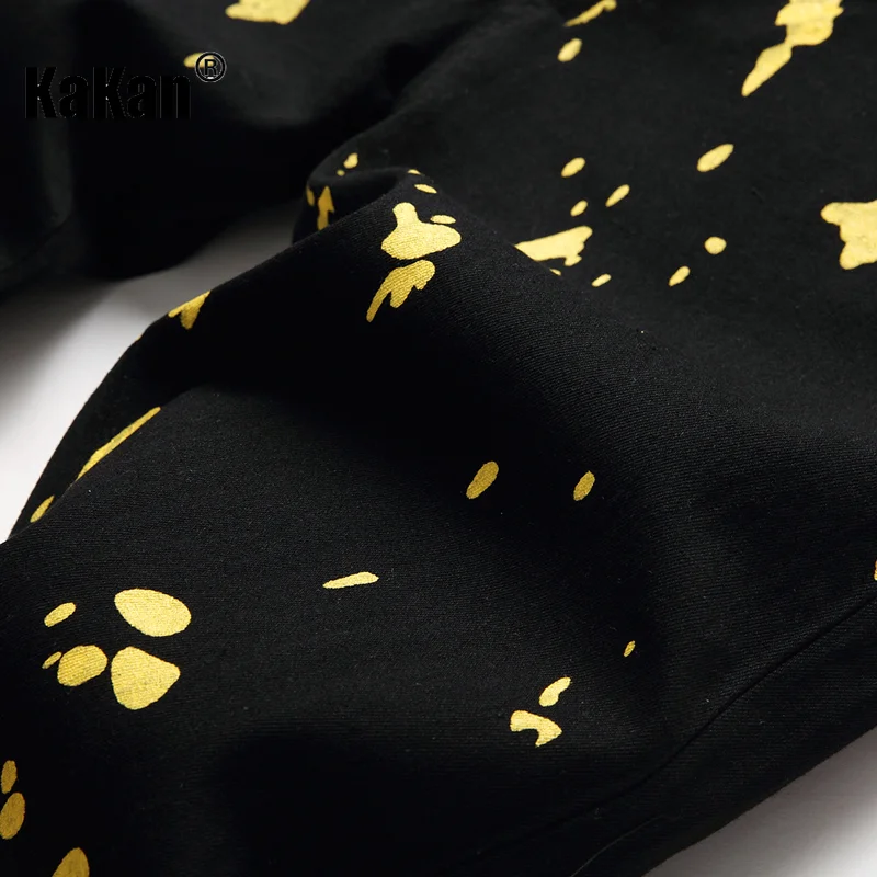 Kakan - New Distressed Color Matching Personalized Jeans for Men, Trendy Splashed Print Tight Long Jeans K49-8872
