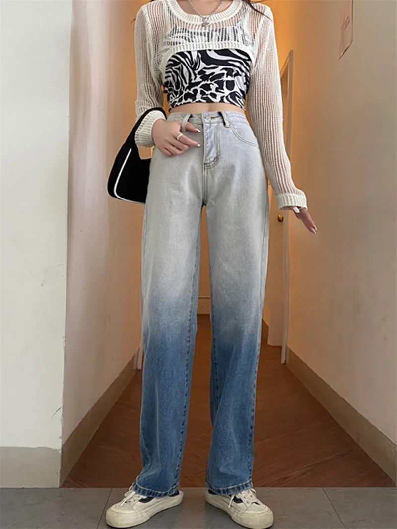 Fall 2021 Y2k New Women's Gradient Jeans Loose Straight Trousers All-match Pants Mopping Pants Korean High Waist Wide Leg Jeans