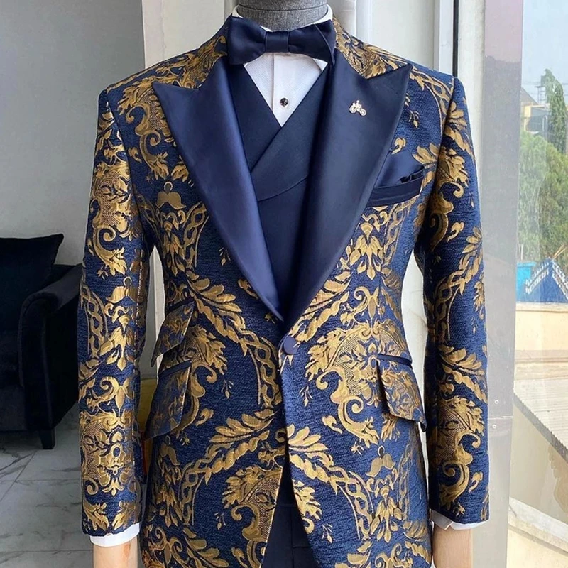 

GY Elegant Men's Wedding Gold Jacquard Tuxedo Slim Fit Navy Blue Gentleman Groom Banquet Party 3 Piece Men's