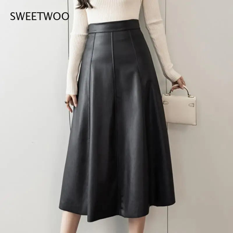 

Women Long Skirts Autumn Leather Pu Skirt 2022 Solid Office Lady Midi Skirts Elegant High-Waisted Party Skirt Bottoms