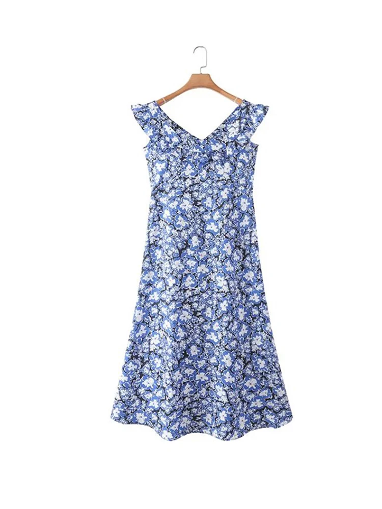 

Summer Vintage Blue Floral Print Dress Women Ruffles Sleeveless Slim A-line Midi Dresses 2022 robe femme