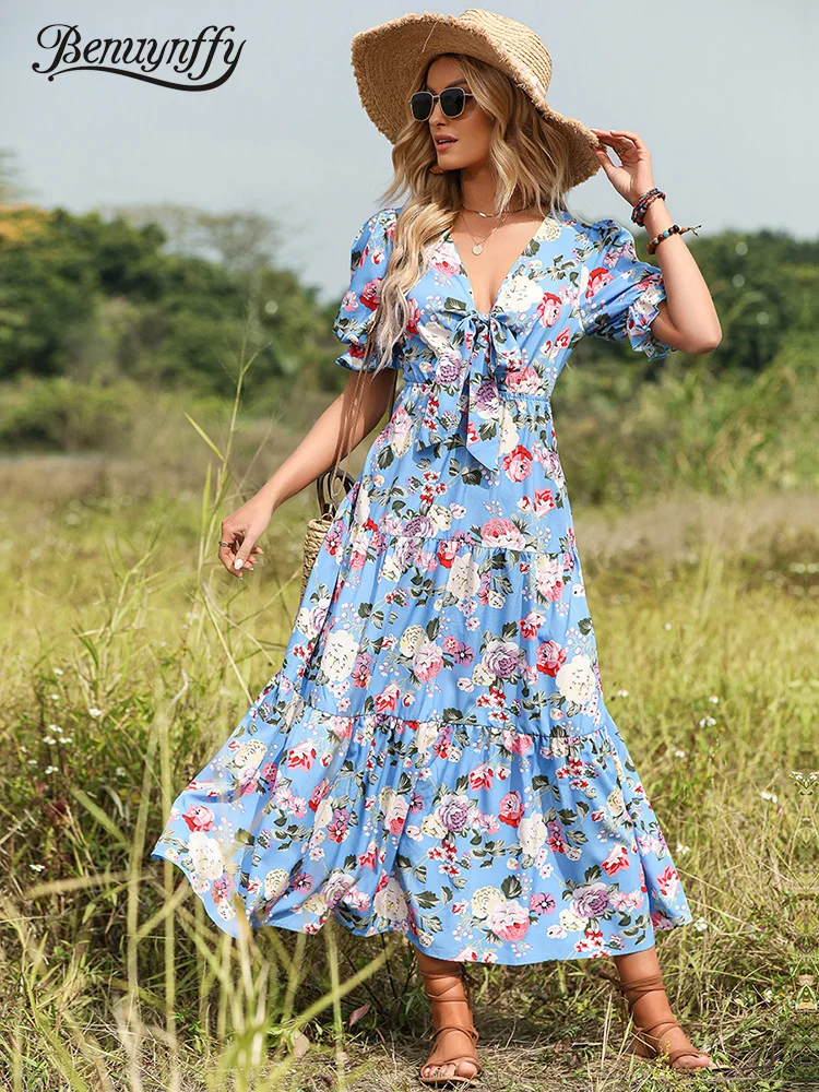 

Benuynffy Deep V Neck Knot Front Summer Maxi Long Dress Women Vacation Puff Sleeve Boho Floral Print Ruffle Hem Dresses 2023