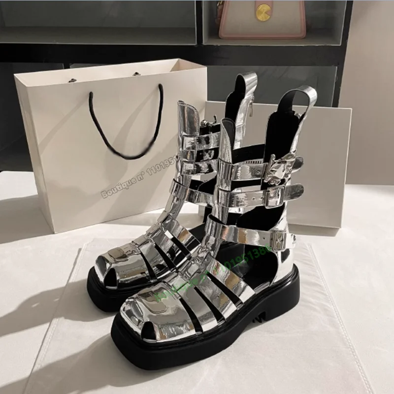 

Silver Zipper Decor Hollow Boots Buckle Decor Square Heels Round Toe Shoes for Women Shoes on Heels 2023 New Zapatos Para Mujere