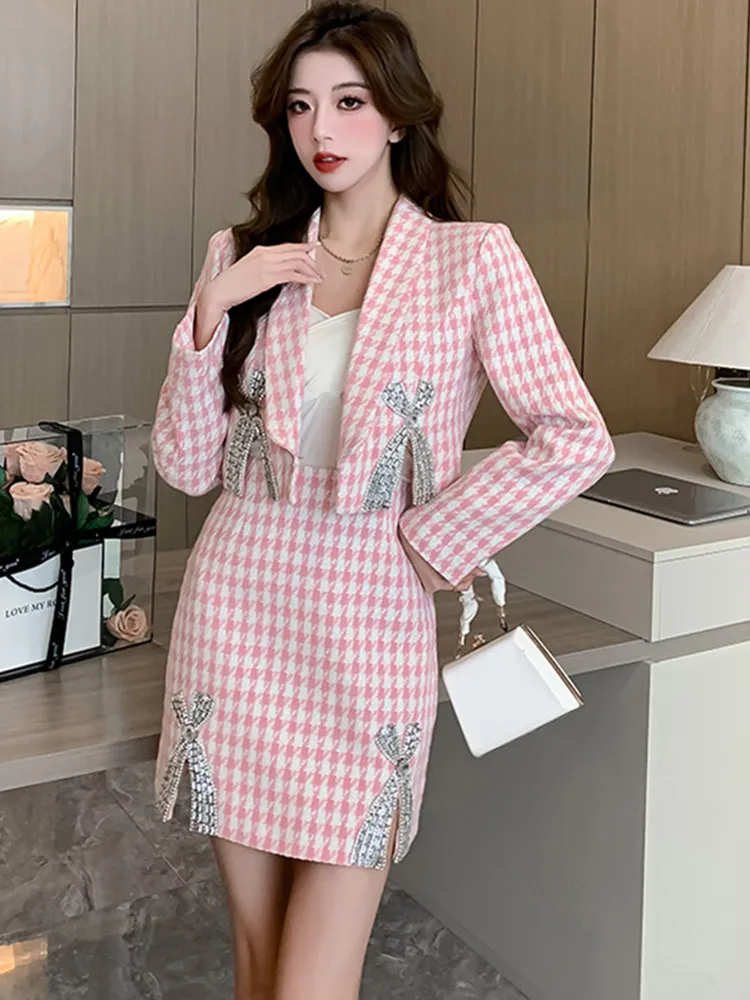 

Женская шерстяная короткая куртка SMTHMA, комплект из двух предметов, осенне-зимняя короткая куртка с бантом и стразами, костюм с юбкой