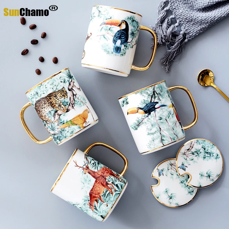 

Creative Gold Animal England Style Ceramic Mug Nordic Afternoon Tea Cups Coffee Cup Sets with Lid Spoon Cafe Household Tea Mug