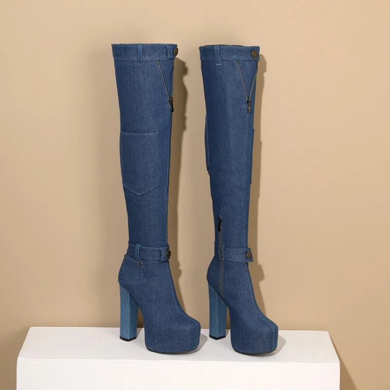 2023Slim Plus Size Thigh-high Boots Chunky Heels Over The Knee Children's High-heeled Round Toe Cowboy Boots A-0031