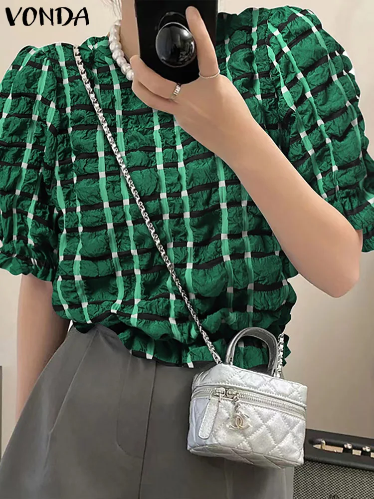 

Блузка VONDA женская с круглым вырезом, повседневная клетчатая уличная одежда, эластичная рубашка с коротким рукавом, топ оверсайз, на лето