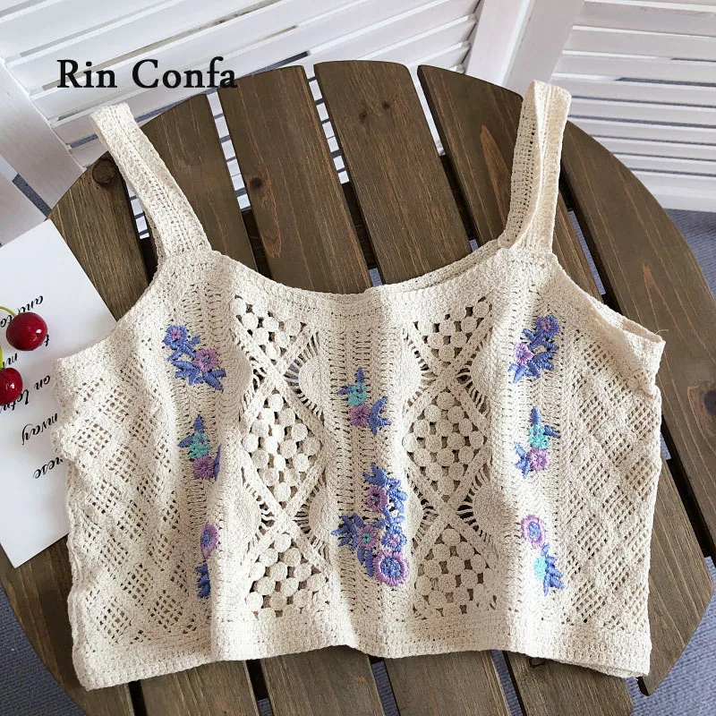 

Rin Confa Summer Hollow Out High-Waisted Short Sling Vest Retro Delicate Embroider Top Women All-Match Thin Knitting Top