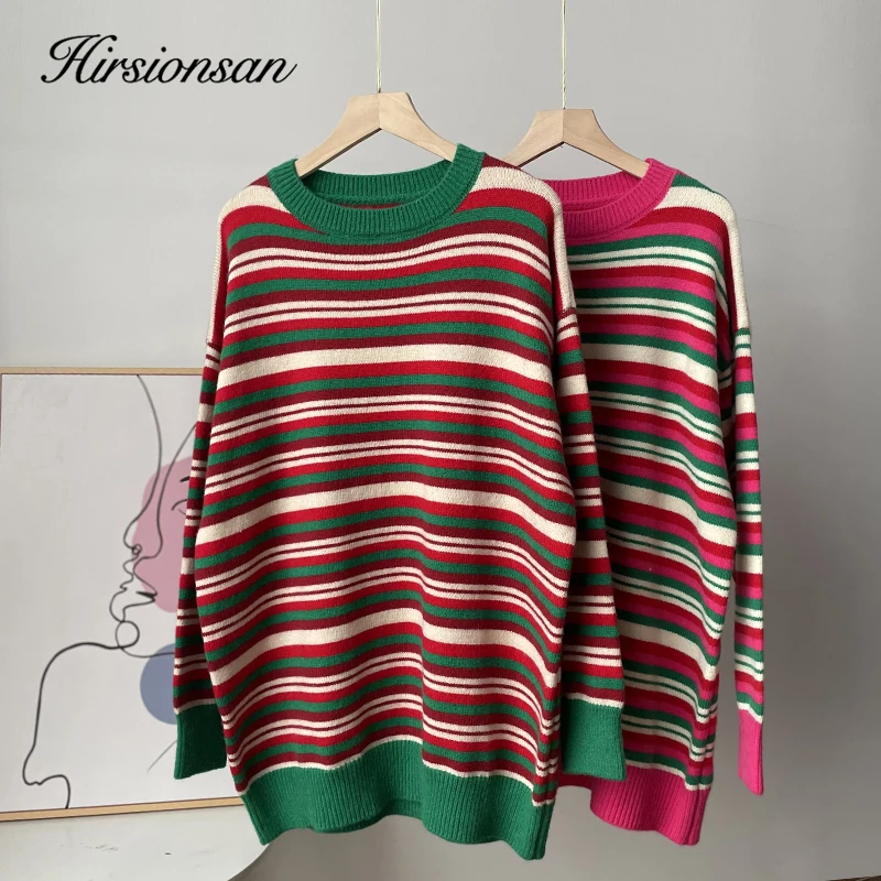 

Hirsionsan Loose Rainbow Striped Patchwork Sweater Women New Winter Oversized Elegant Ladies Cashmere Pullovers Warm Chic Jumper