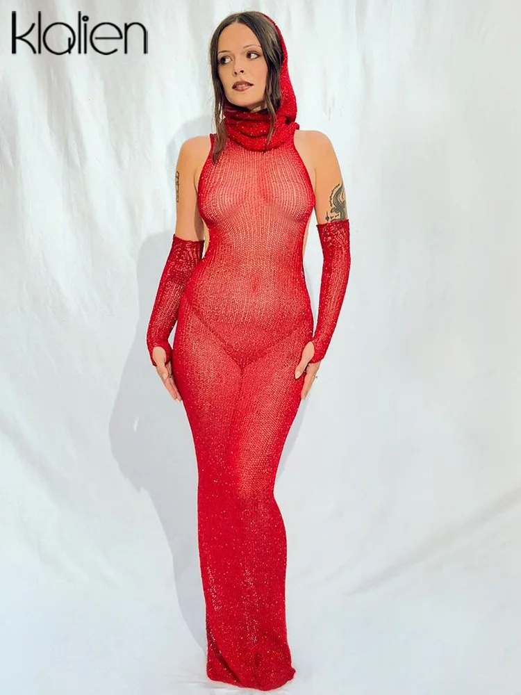

KLALIEN Sexy See Through Hooded Maxi Dress Women Summer Party Prom Bodycon Dresses with Sleeves Long Dresses Perspective Gown